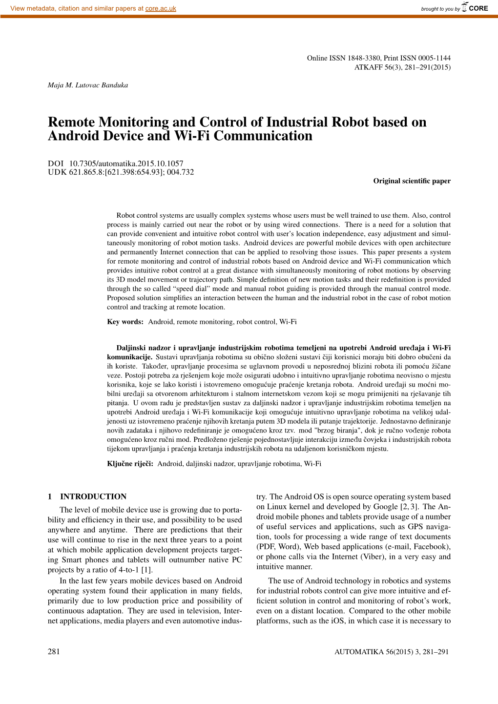 Remote Monitoring and Control of Industrial Robot Based on Android Device and Wi-Fi Communication