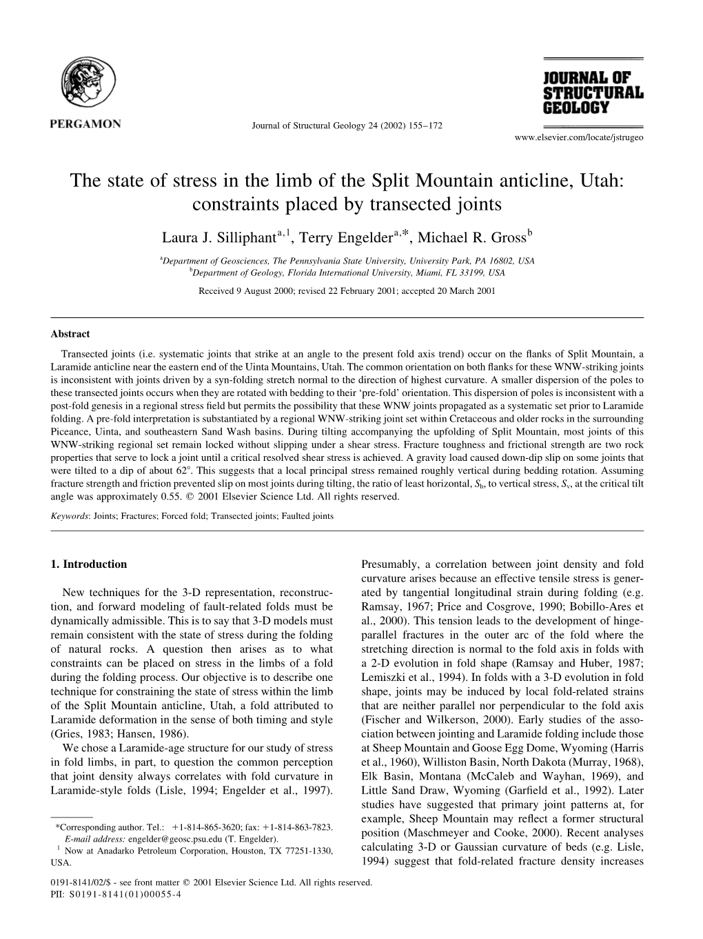 The State of Stress in the Limb of the Split Mountain Anticline, Utah: Constraints Placed by Transected Joints