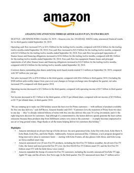 October 24, 2019—Amazon.Com, Inc. (NASDAQ: AMZN) Today Announced Financial Results for Its Third Quarter Ended September 30, 2019