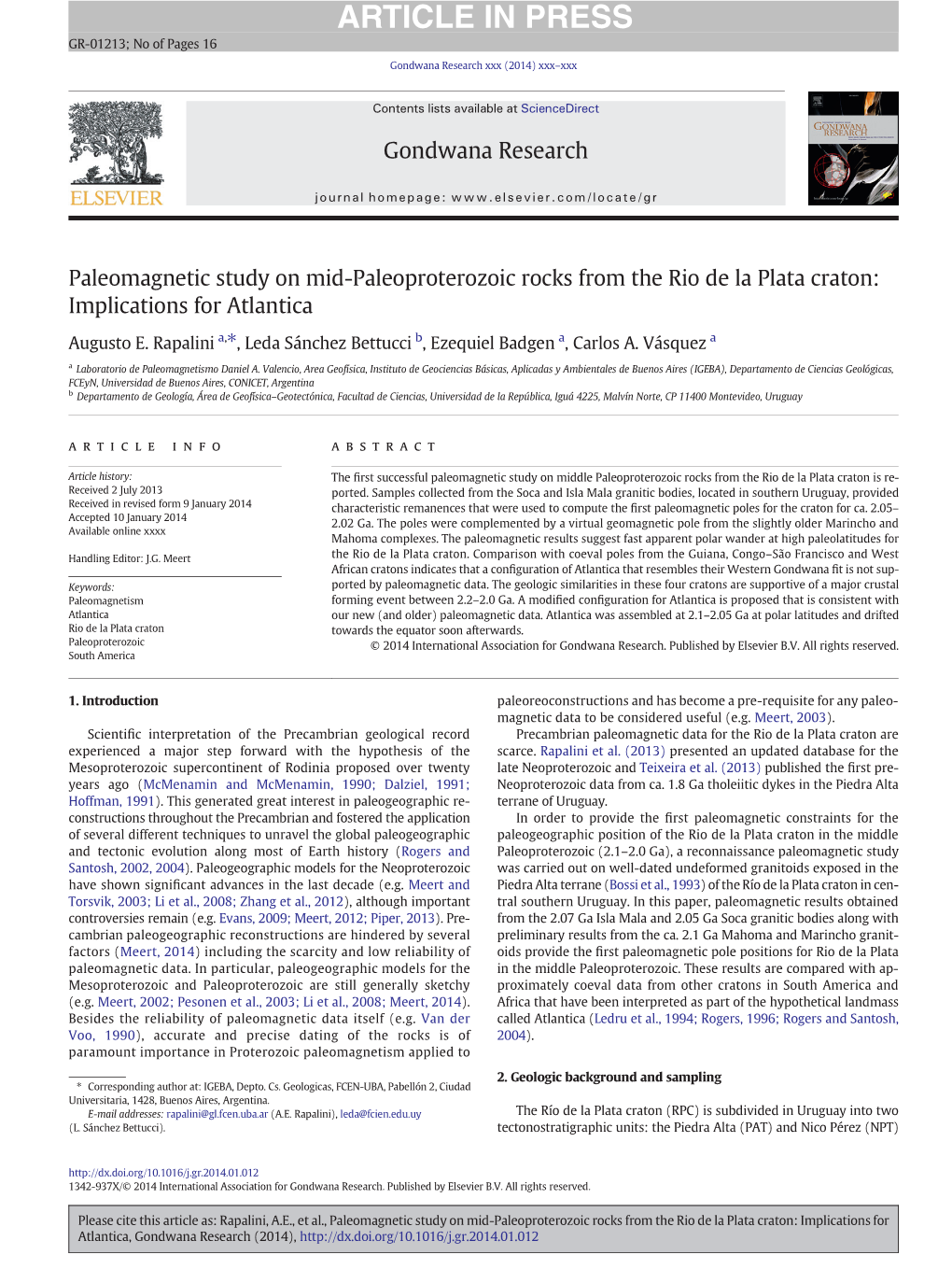 Paleomagnetic Study on Mid-Paleoproterozoic Rocks from the Rio De La Plata Craton: Implications for Atlantica