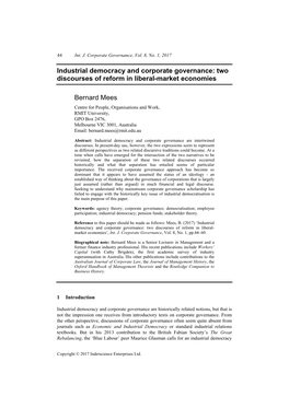 Industrial Democracy and Corporate Governance: Two Discourses of Reform in Liberal-Market Economies