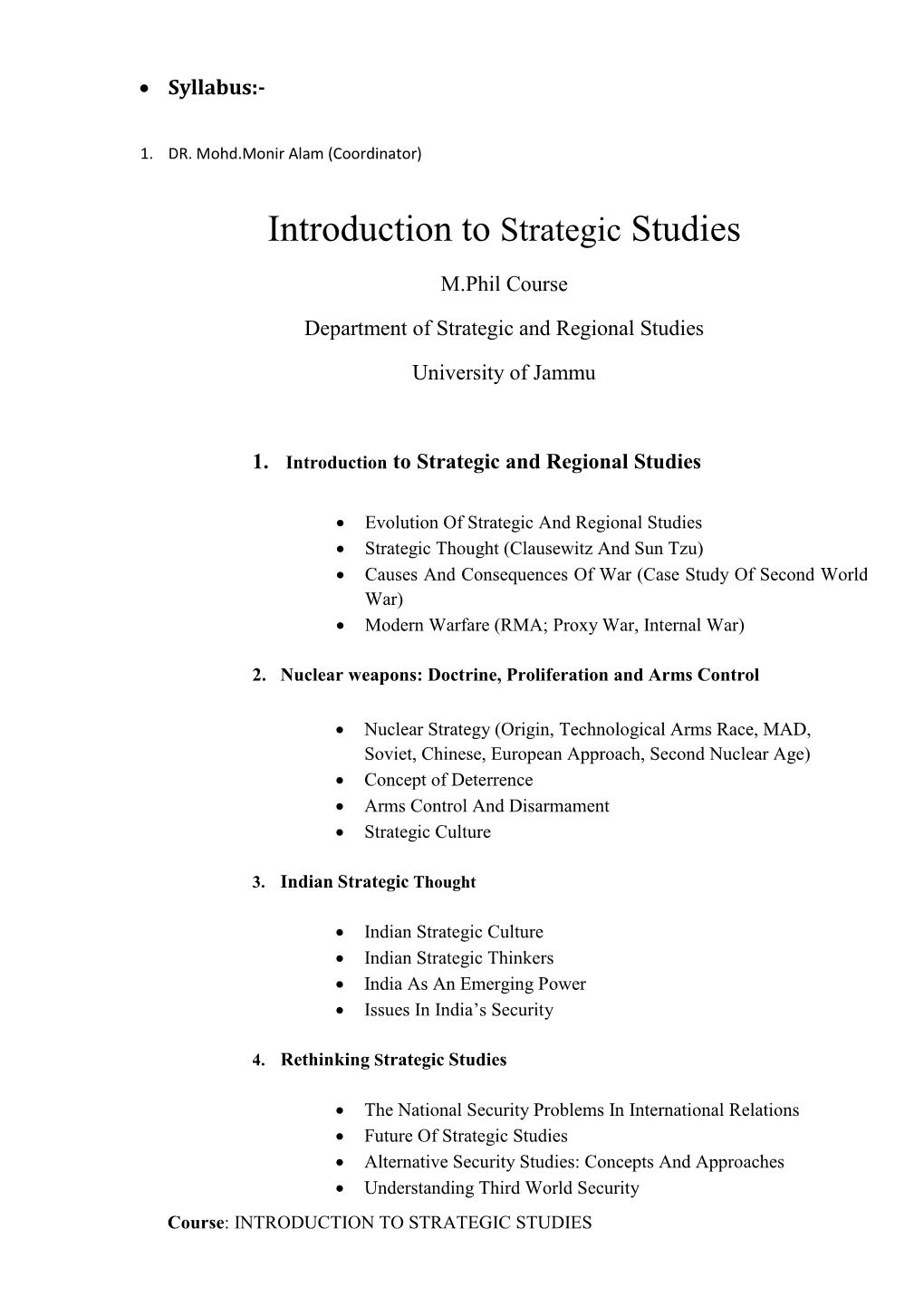 Syllabus of Strategic and Regional Studies