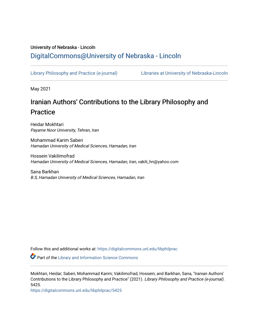 Iranian Authors' Contributions to the Library Philosophy and Practice