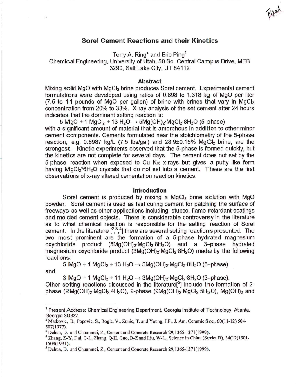 Sorel Cement Reactions and Their Kinetics