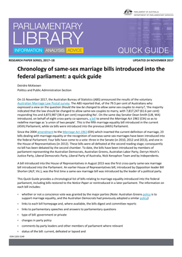 Chronology of Same-Sex Marriage Bills Introduced Into the Federal Parliament: a Quick Guide