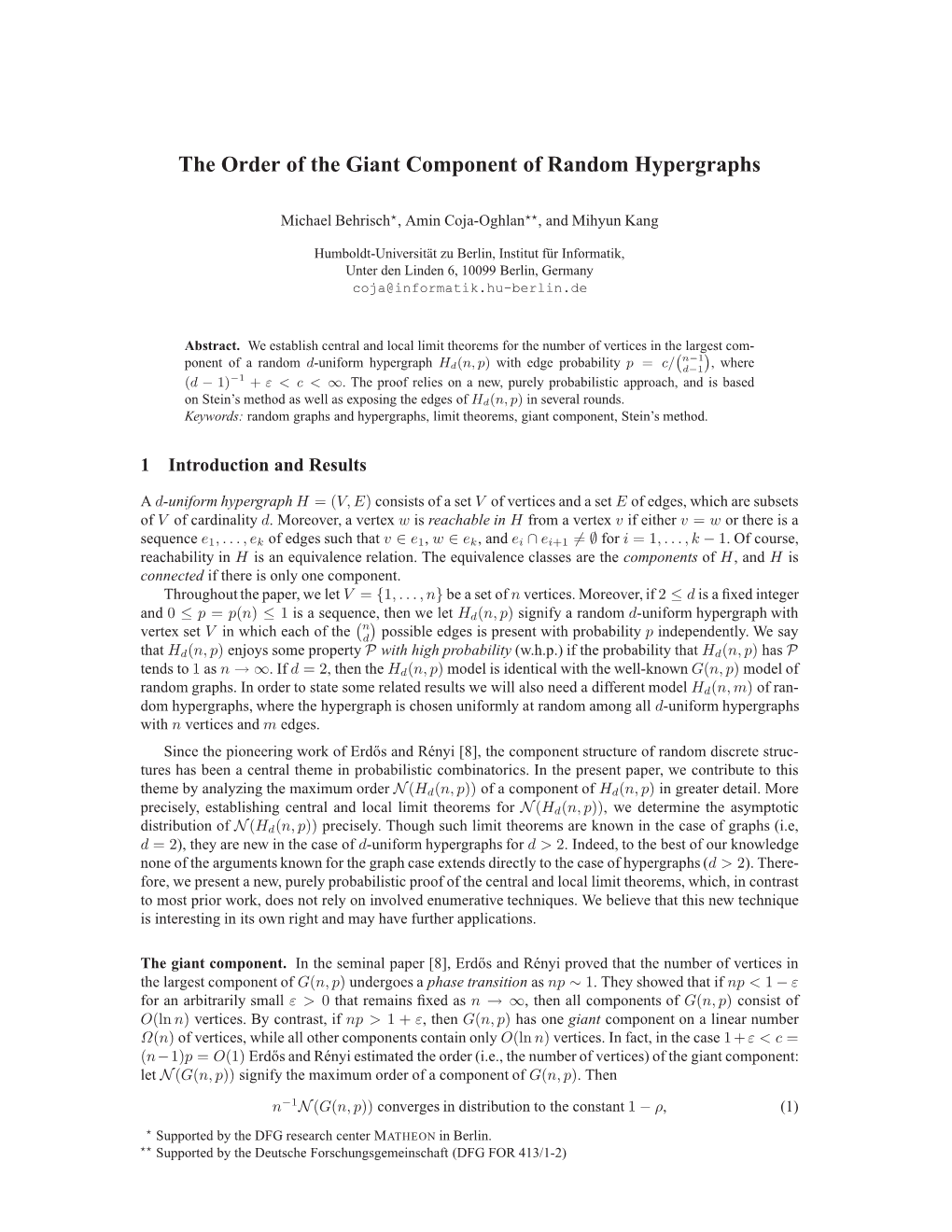 The Order of the Giant Component of Random Hypergraphs