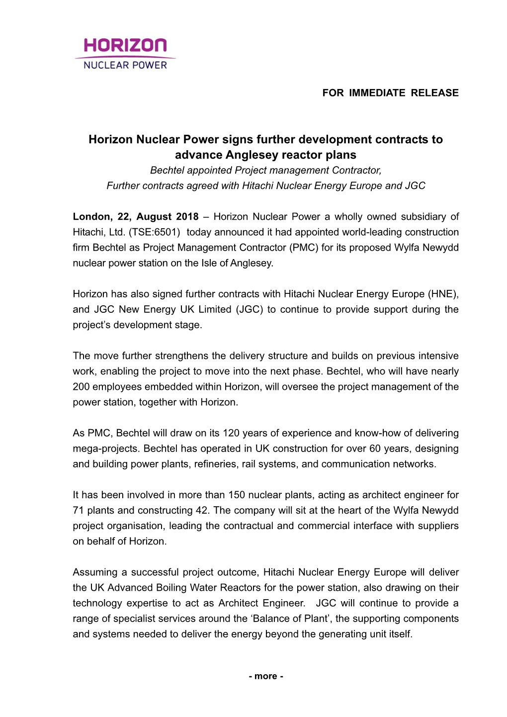 Horizon Nuclear Power Signs Further Development Contracts to Advance