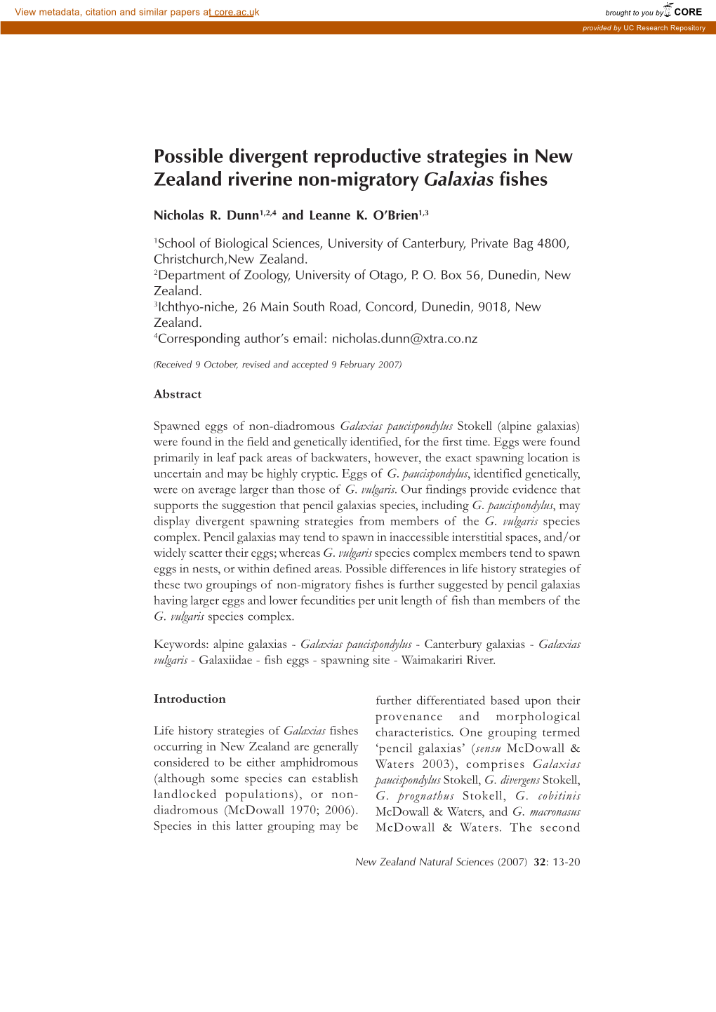 Possible Divergent Reproductive Strategies in New Zealand Riverine Non-Migratory Galaxias Fishes