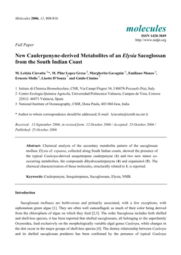 New Caulerpenyne-Derived Metabolites of an Elysia Sacoglossan from the South Indian Coast