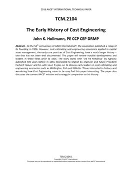 The Early History of Cost Engineering