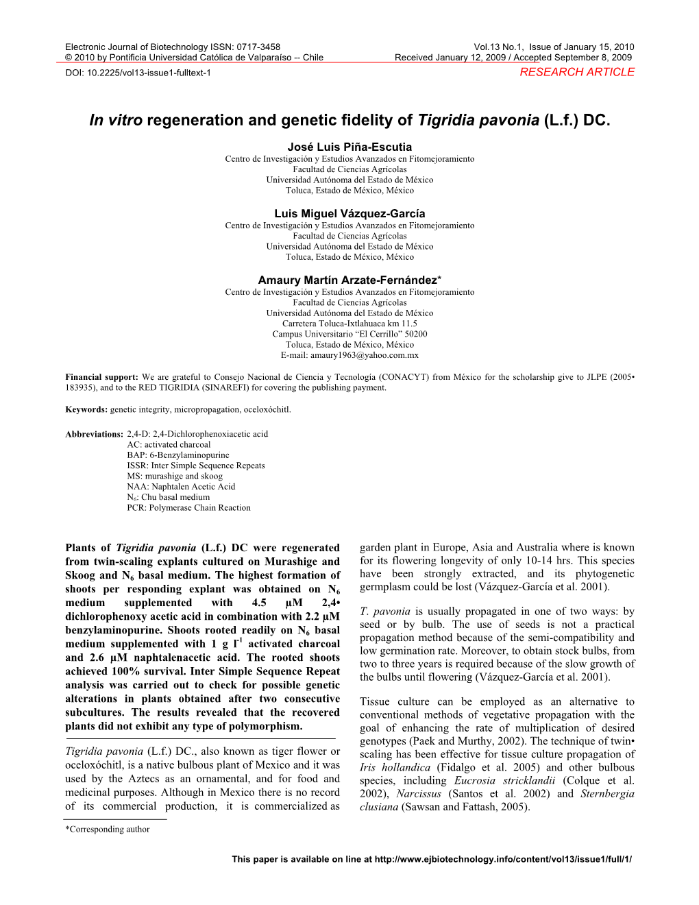 In Vitro Regeneration and Genetic Fidelity of Tigridia Pavonia (L.F.) DC