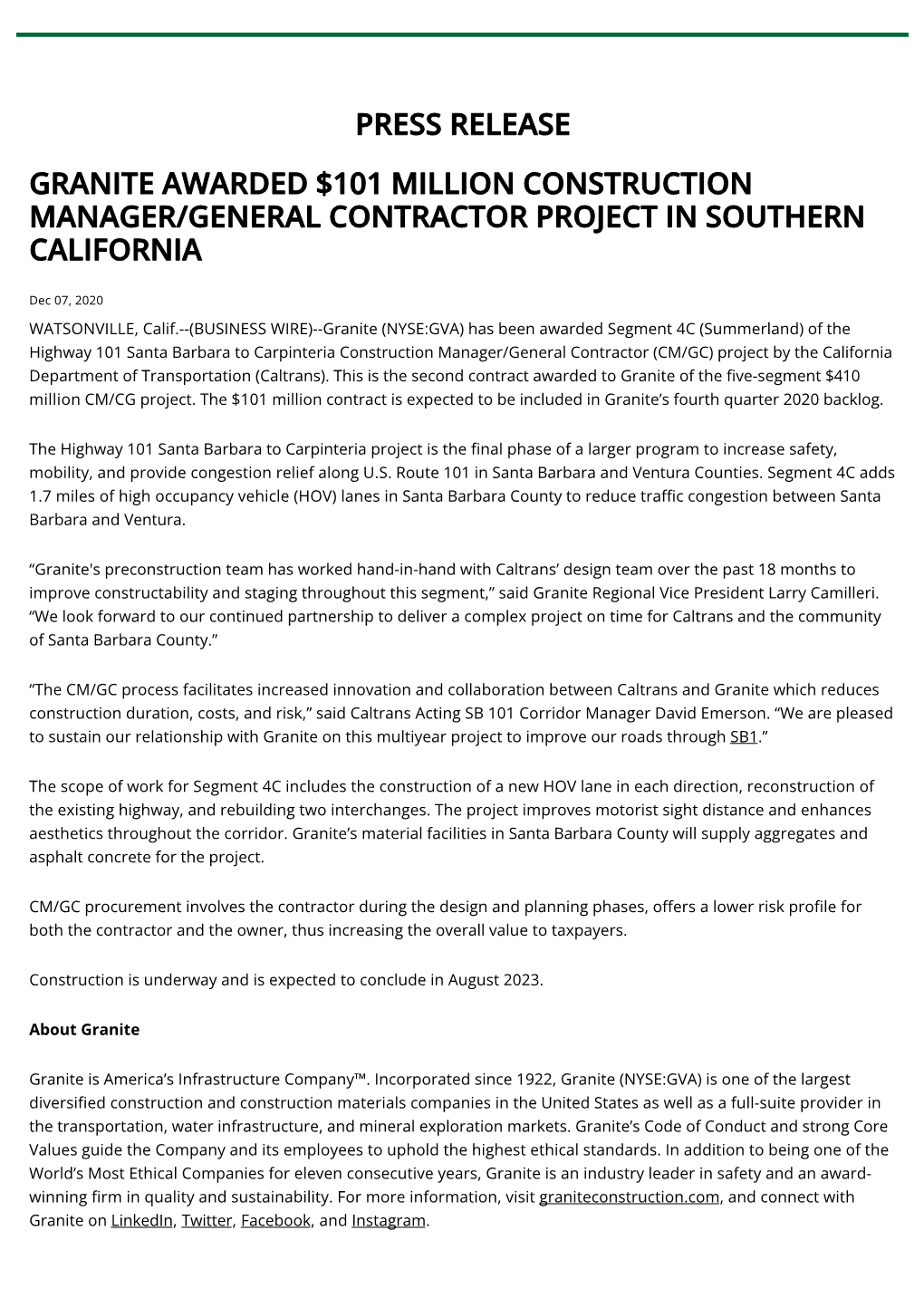 Press Release Granite Awarded $101 Million Construction Manager/General Contractor Project in Southern California