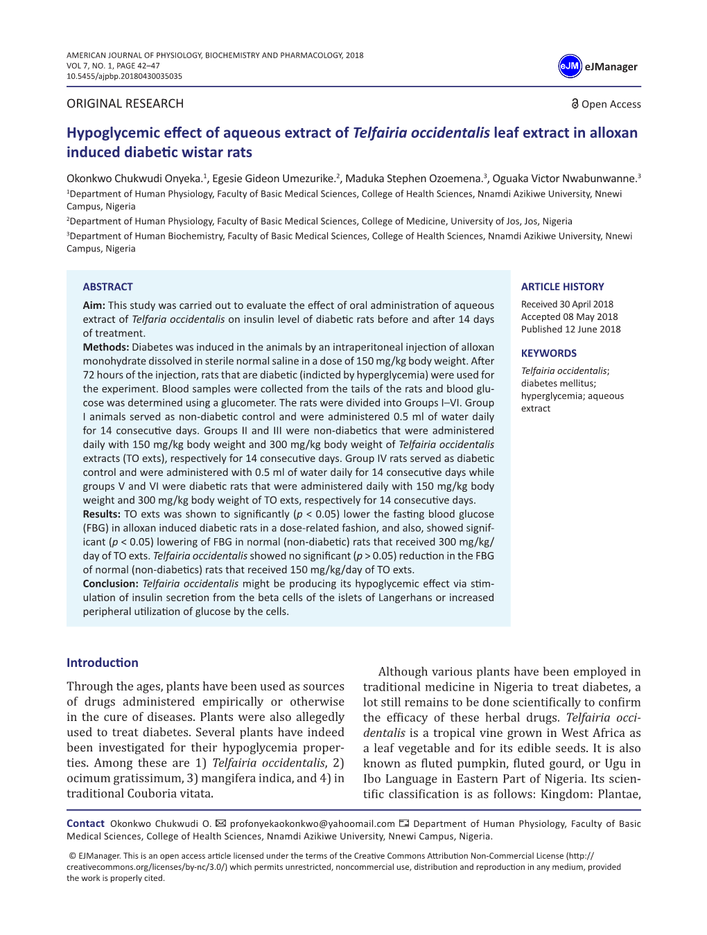 Hypoglycemic Effect of Aqueous Extract of Telfairia Occidentalis Leaf