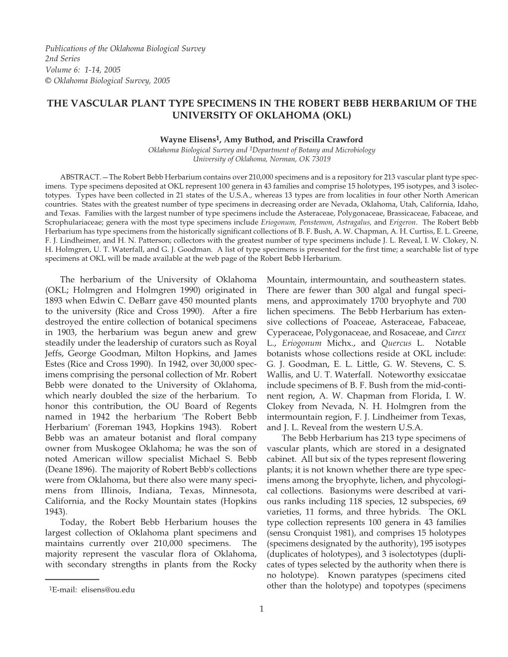 The Vascular Plant Type Specimens in the Robert Bebb Herbarium of the University of Oklahoma (Okl)