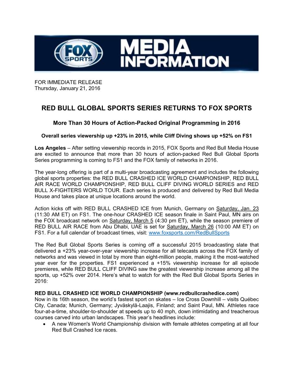 Red Bull Global Sports Series Returns to Fox Sports