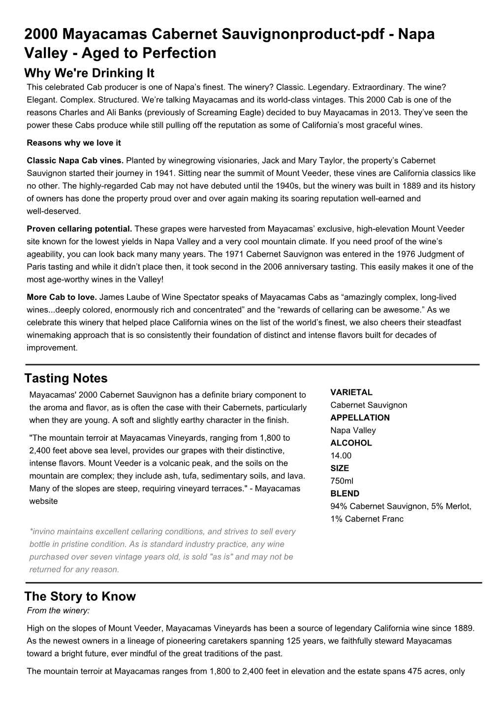 2000 Mayacamas Cabernet Sauvignonproduct-Pdf - Napa Valley - Aged to Perfection Why We're Drinking It This Celebrated Cab Producer Is One of Napa’S Finest
