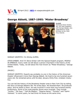 George Abbott, 1887-1995: 'Mister Broadway'