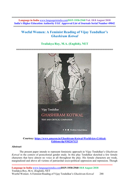 Woeful Women: a Feminist Reading of Vijay Tendulkar's Ghashiram Kotwal