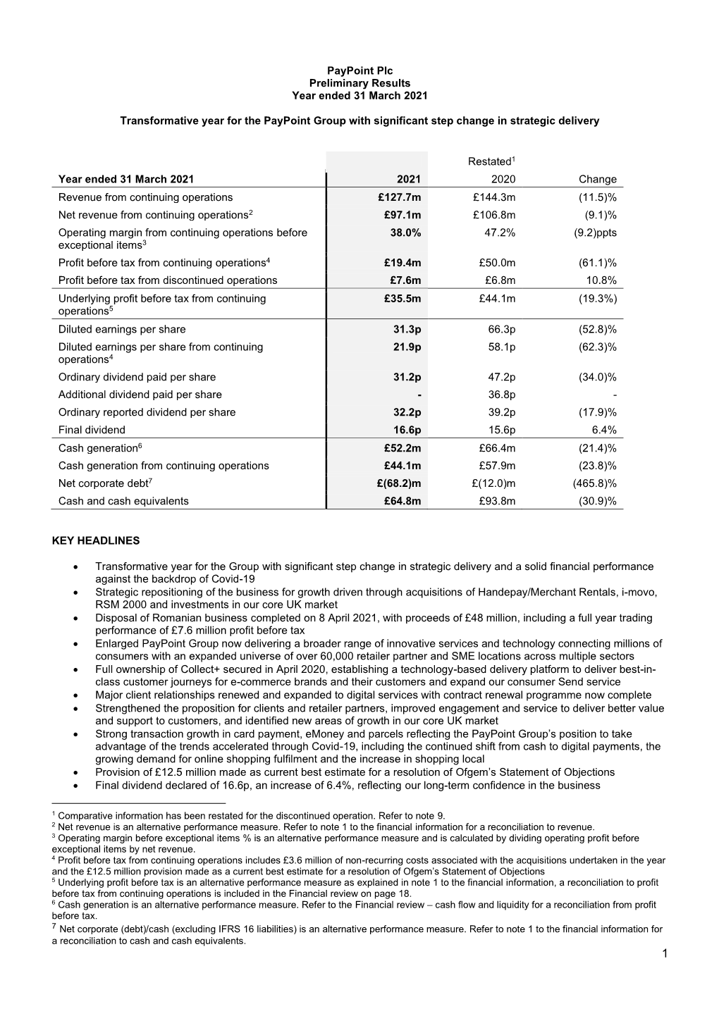 Paypoint Plc Preliminary Results Year Ended 31 March 2021