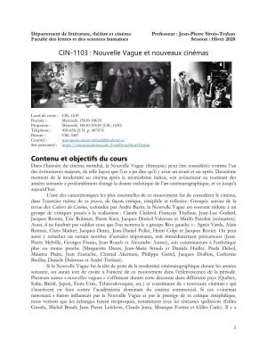CIN-1103 : Nouvelle Vague Et Nouveaux Cinémas Contenu Et
