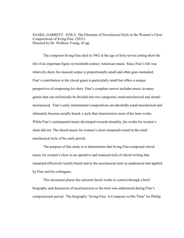 SAAKE, GARRETT. D.M.A. the Elements of Neoclassical Style in the Women‟S Choir Compositions of Irving Fine