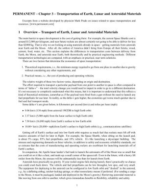 PERMANENT – Chapter 3 – Transportation of Earth, Lunar and Asteroidal Materials 1 Overview – Transport of Earth, Lunar