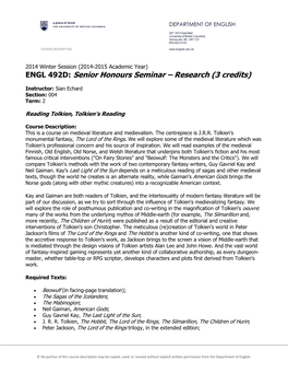 ENGL 492D: Senior Honours Seminar – Research (3 Credits)