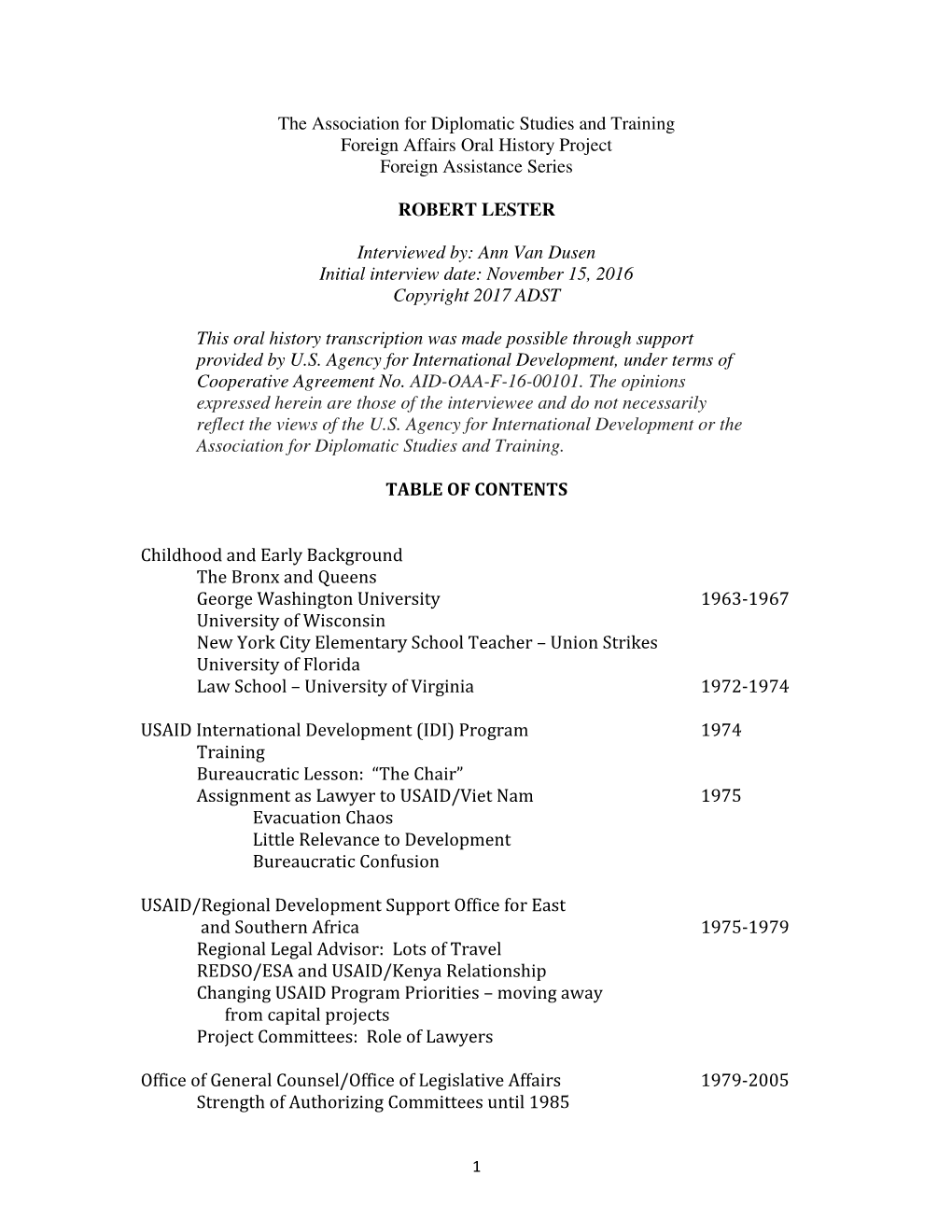 The Association for Diplomatic Studies and Training Foreign Affairs Oral History Project Foreign Assistance Series