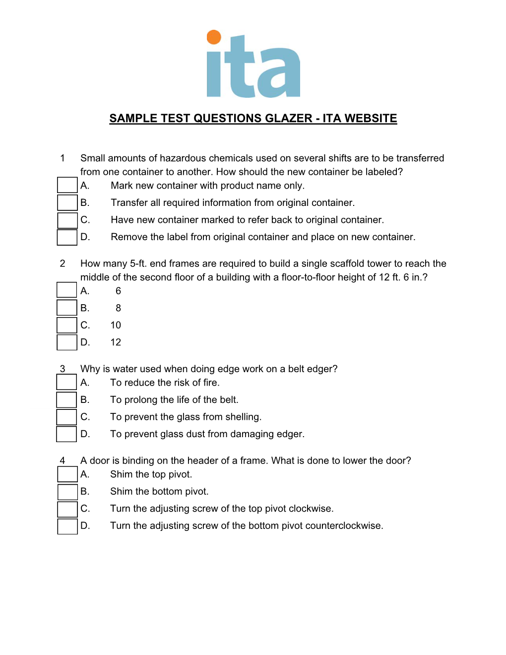 Sample Test Questions Glazer - Ita Website