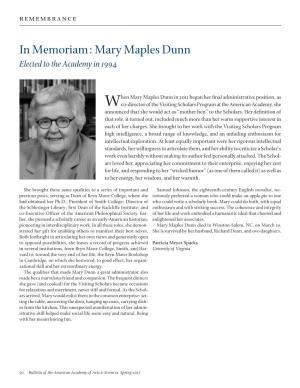 In Memoriam: Mary Maples Dunn Elected to the Academy in 1994