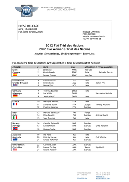 PRESS RELEASE 2012 FIM Trial Des Nations 2012 FIM Women's Trial