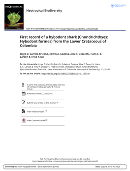 First Record of a Hybodont Shark (Chondrichthyes: Hybodontiformes) from the Lower Cretaceous of Colombia