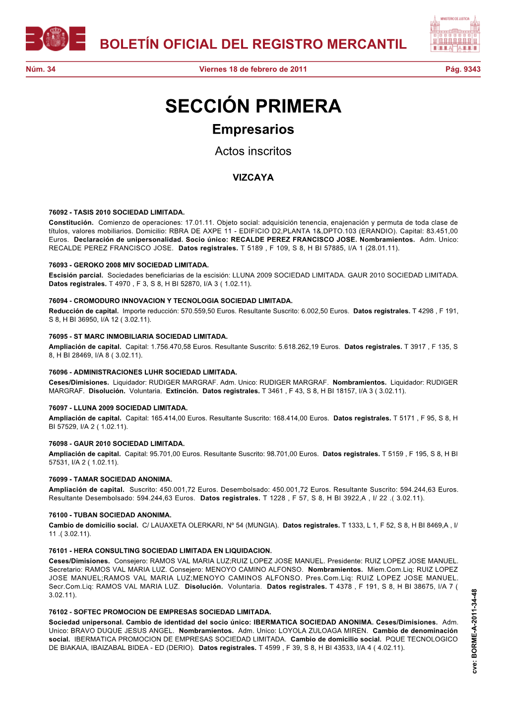 Borme-A-2011-34-48 Boletín Oficial Del Registro Mercantil