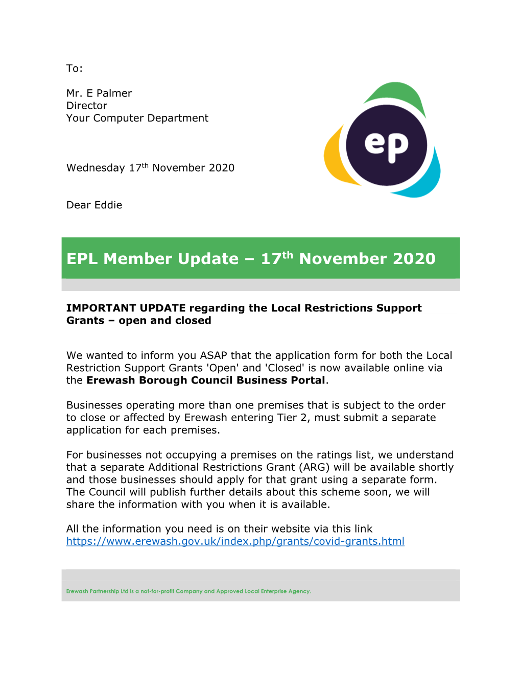 EPL Member Update – 17Th November 2020