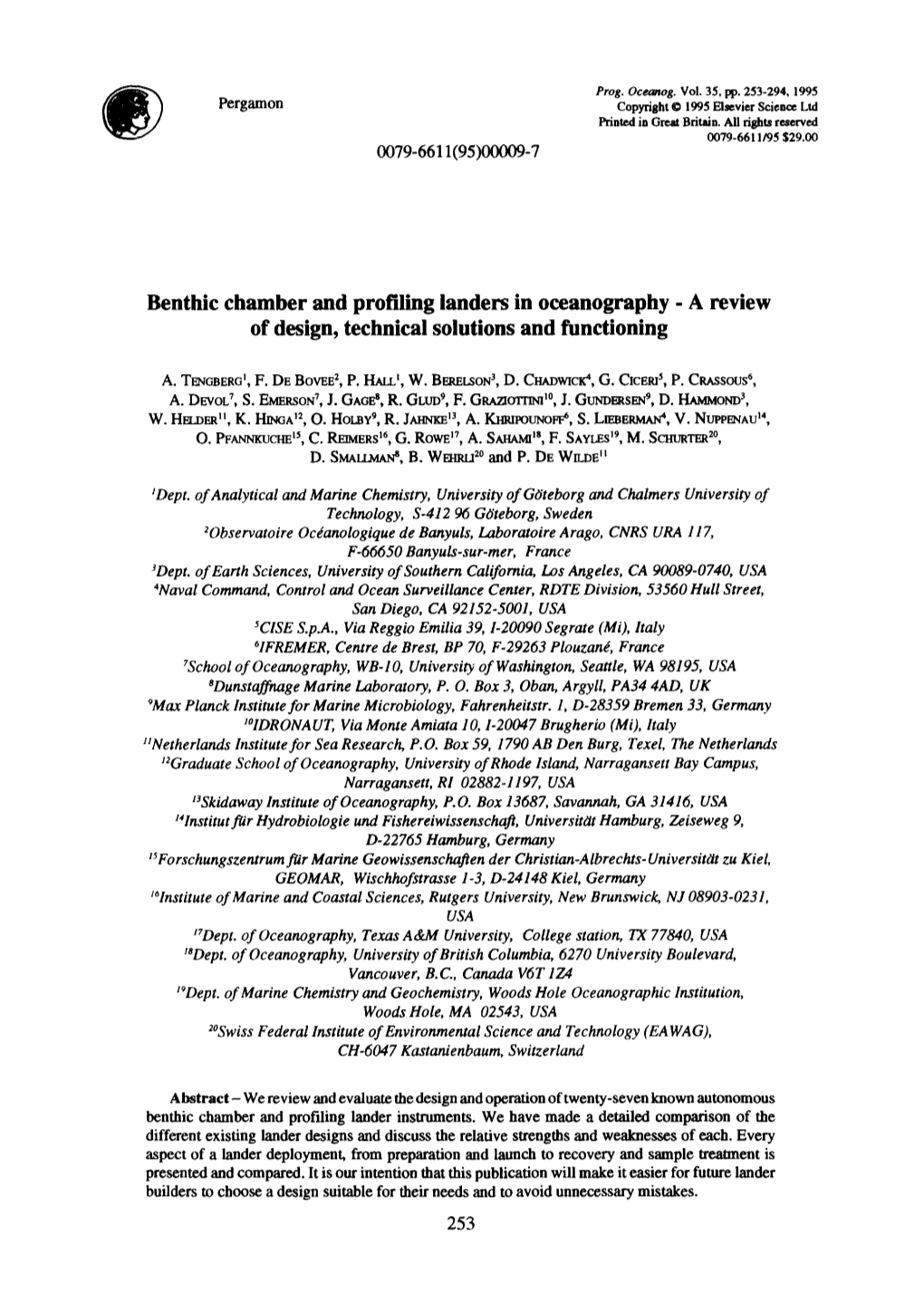 Benthic Chamber and Profiling Ianders in Oceanography - a Review of Design, Technical Solutions and Functioning