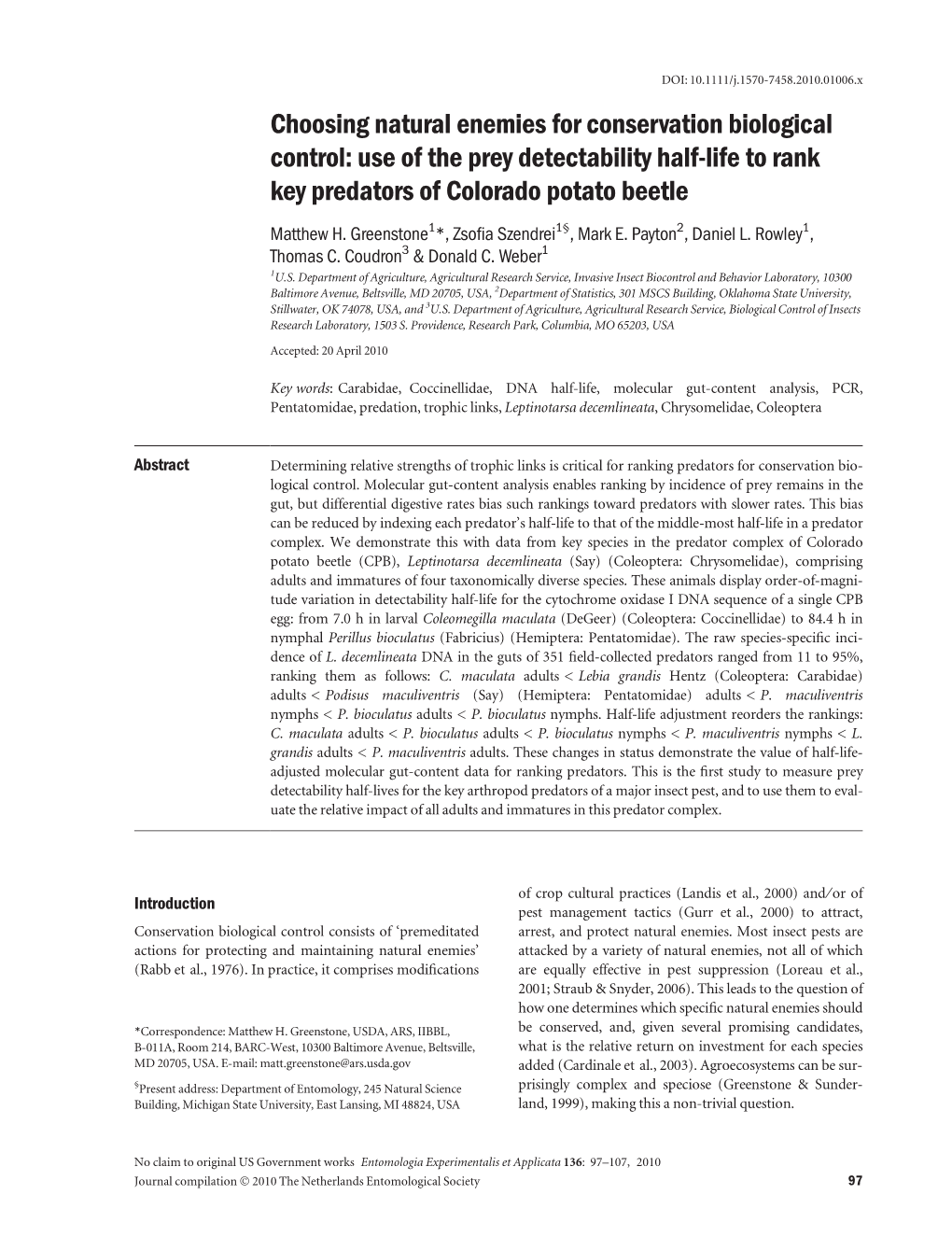 Use of the Prey Detectability Halflife to Rank Key Predators of Co