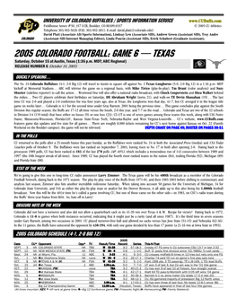 2005 COLORADO Football: GAME 6 — TEXAS Saturday, October 15 at Austin, Texas (1:36 P.M
