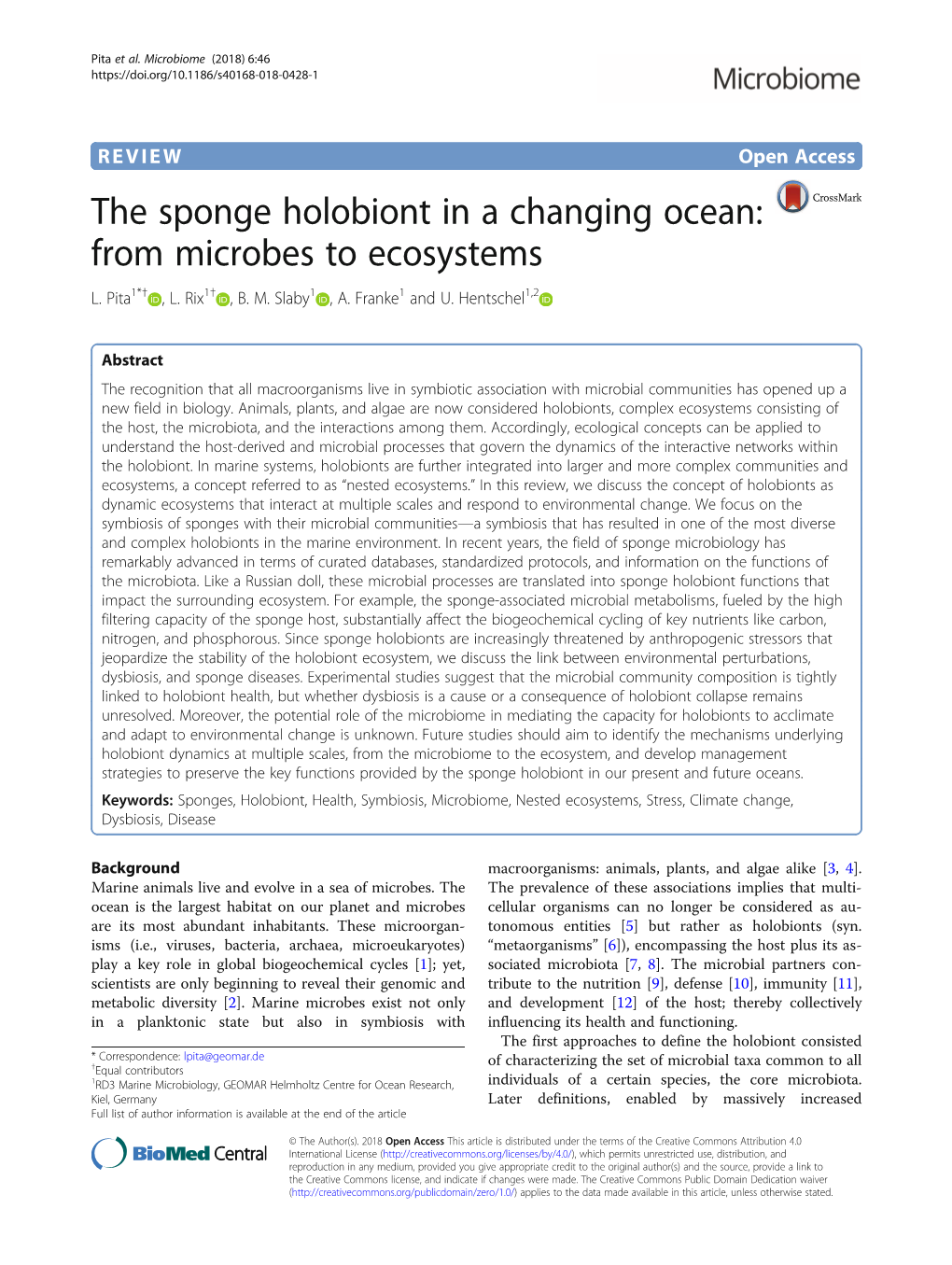 The Sponge Holobiont in a Changing Ocean: from Microbes to Ecosystems L