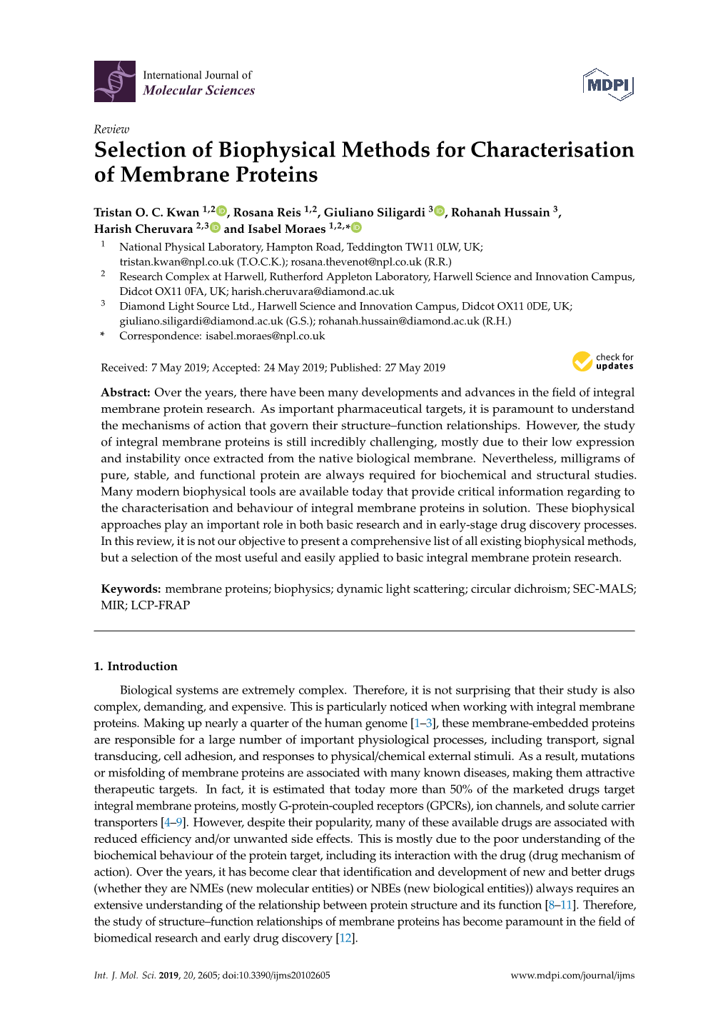 Selection of Biophysical Methods for Characterisation of Membrane Proteins