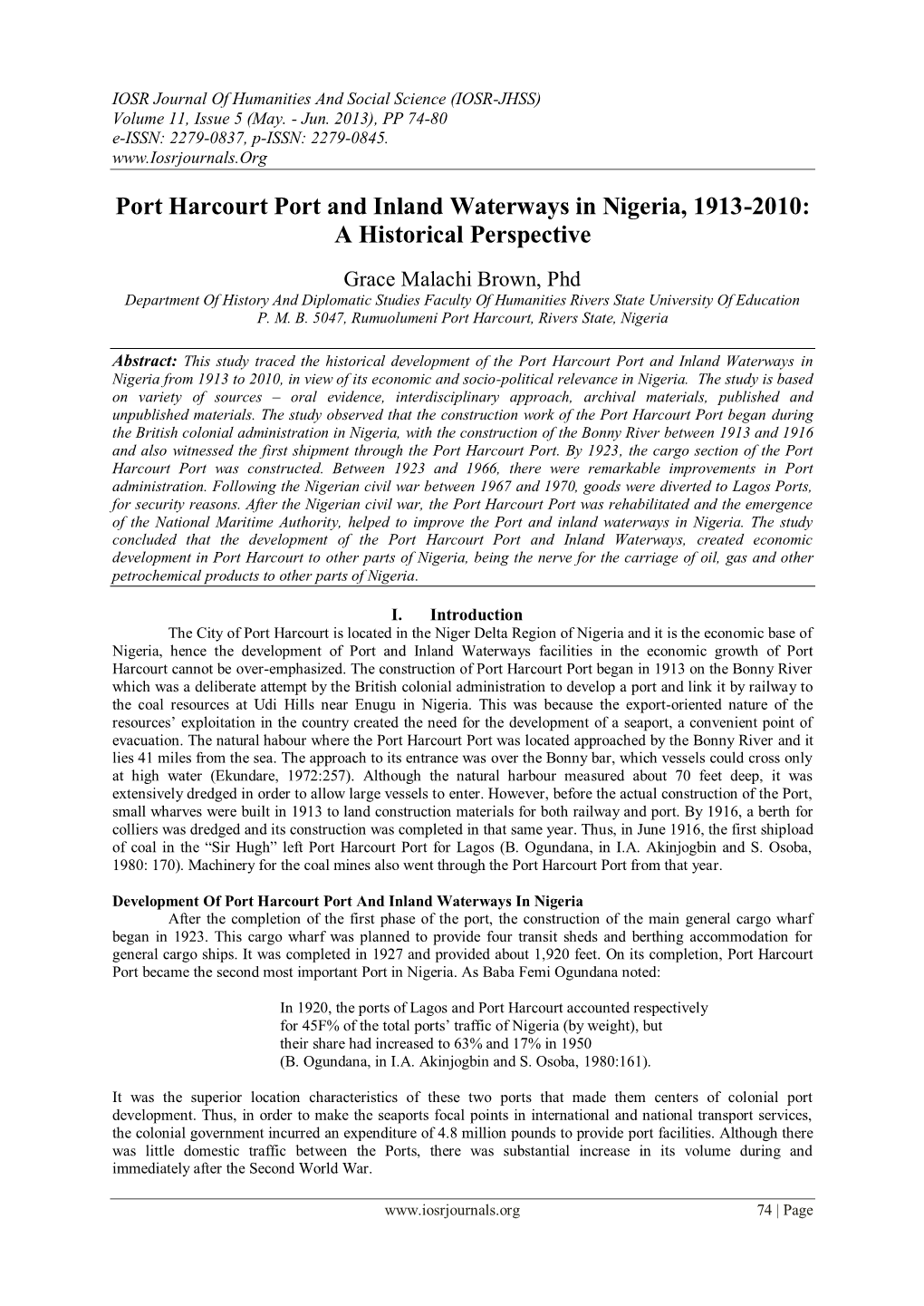 Port Harcourt Port and Inland Waterways in Nigeria, 1913-2003: a Historical Perspective