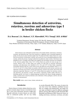 Simultaneous Detection of Astrovirus, Rotavirus, Reovirus and Adenovirus Type I in Broiler Chicken Flocks