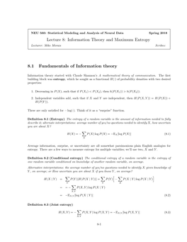 Information Theory and Maximum Entropy 8.1 Fundamentals of Information Theory