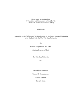 Pietro Aaron on Musica Plana: a Translation and Commentary on Book I of the Libri Tres De Institutione Harmonica (1516)