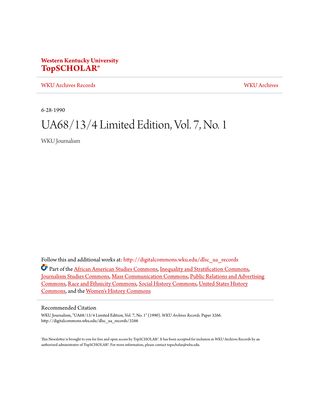 UA68/13/4 Limited Edition, Vol. 7, No. 1 WKU Journalism