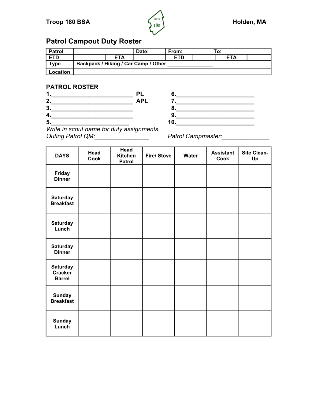 Patrol Duty Roster