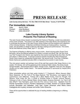 The Festival of Reading Will Feature 3 Special Presentations Sponsored Through a Florida Humanities Council, Speaker's Bureau