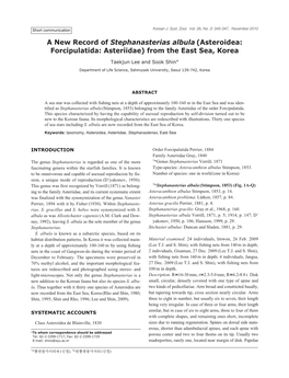 A New Record of Stephanasterias Albula (Asteroidea: Forcipulatida: Asteriidae) from the East Sea, Korea