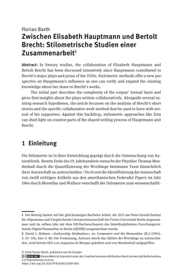 Zwischen Elisabeth Hauptmann Und Bertolt Brecht: Stilometrische Studien Einer Zusammenarbeit1