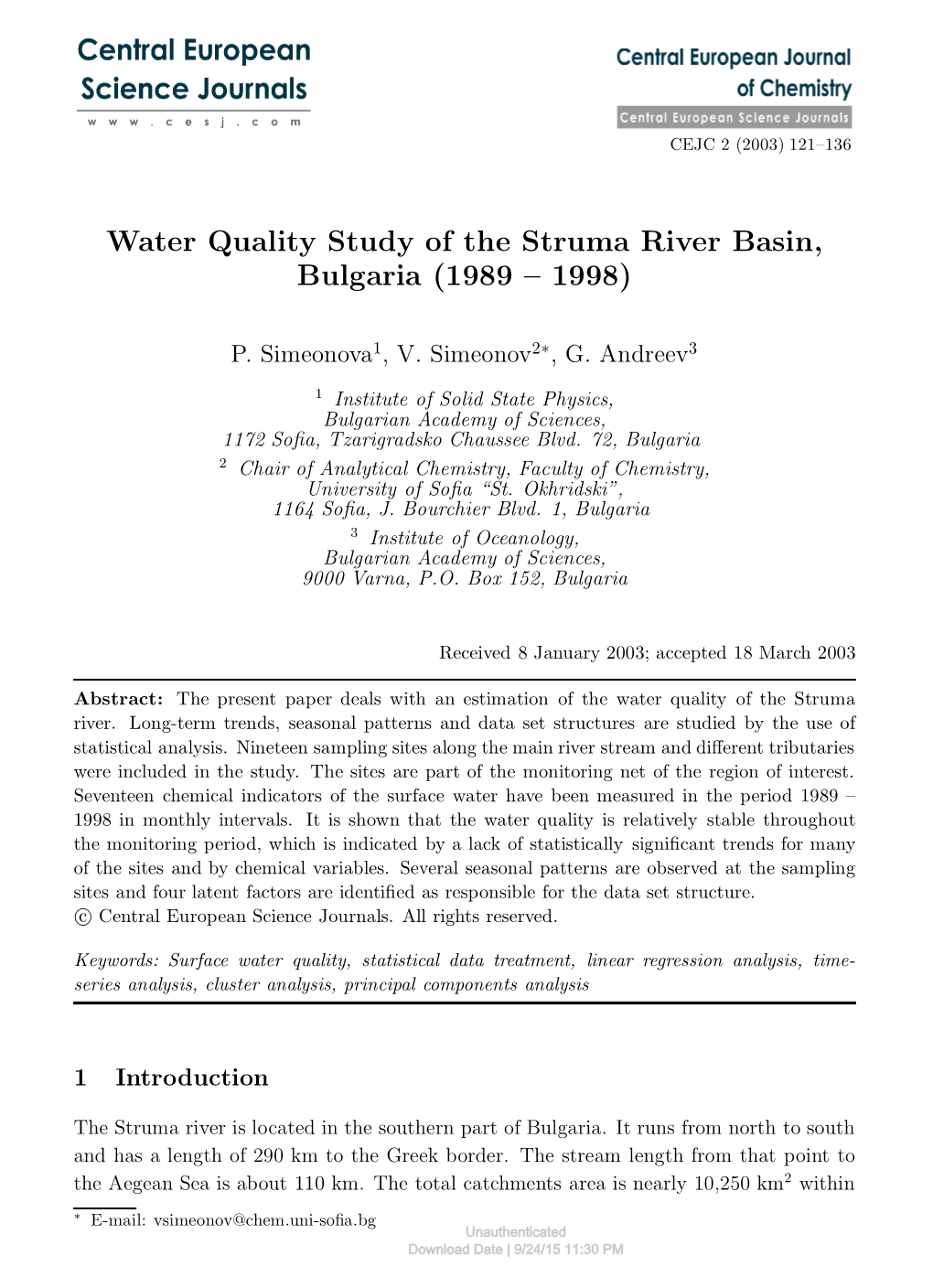 Water Quality Study of the Struma River Basin