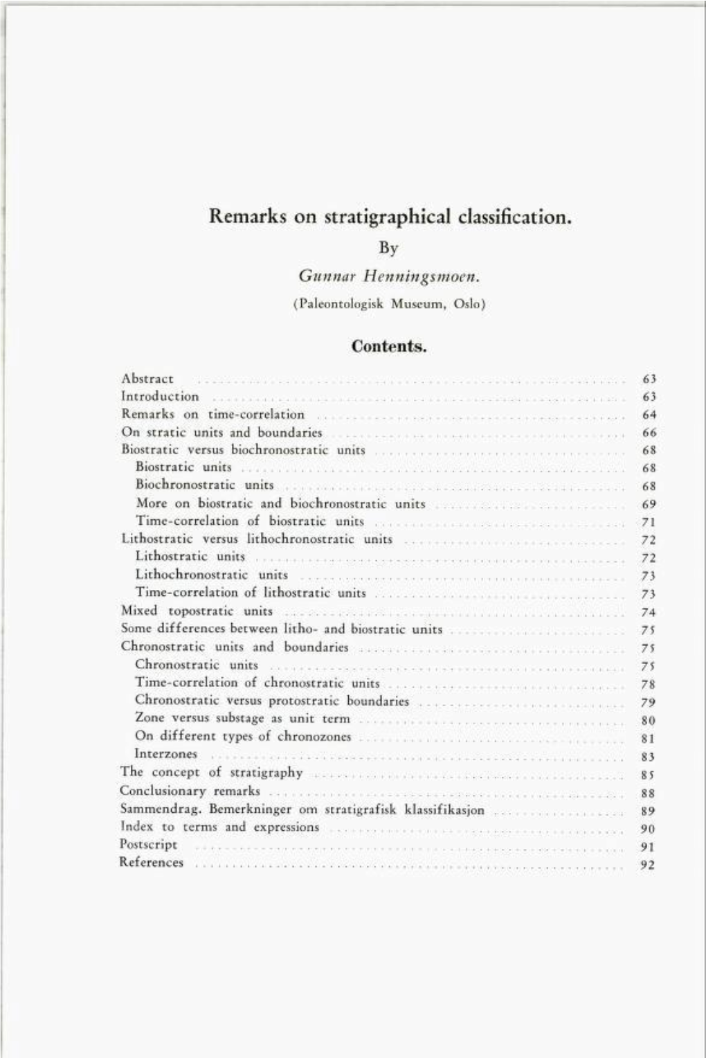 Remarks on Stratigraphical Classification. by Gunnar Henningsmoen